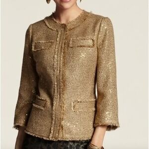 Chico's Goldie Noelle Sequin Tweed Jacket 3/4 Sleeve Fringe Trim‎ Size 4/6